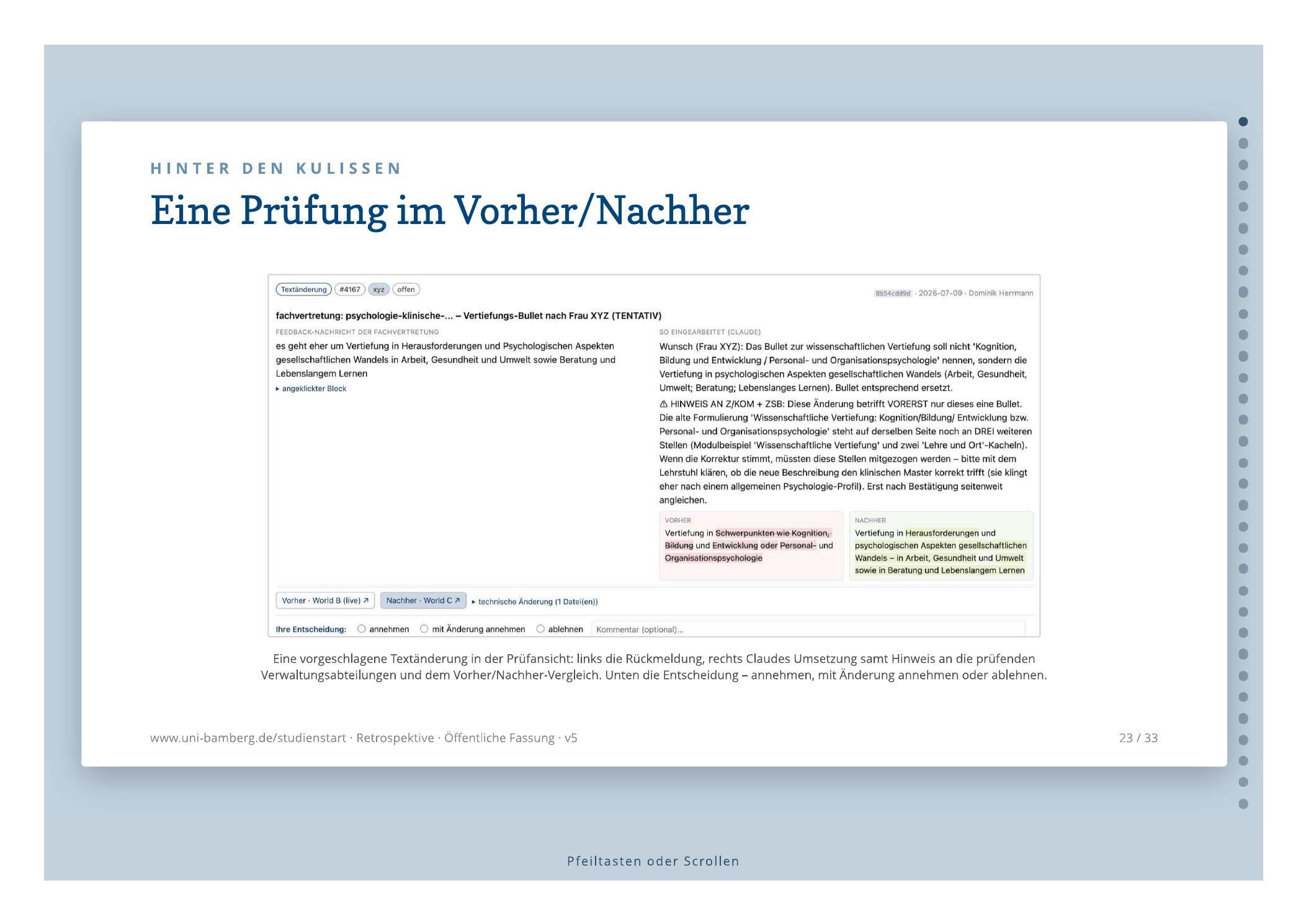 Prüfansicht mit Rückmeldung, Umsetzung und Vorher-Nachher-Vergleich